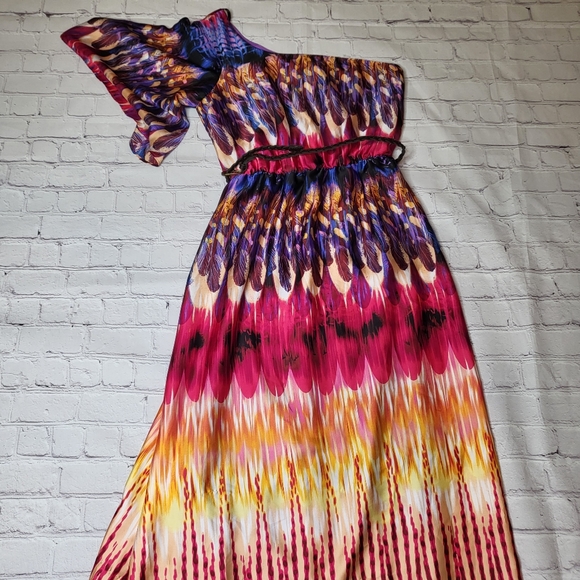 Bisou Bisou One-Shoulder Maxi Dress - Rainbow Feather Print - Size 4 - Picture 7 of 13